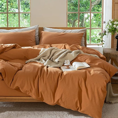MooMee Bedding Duvet Cover Set 100% Washed Cotton Linen Like Textured Breathable Durable Soft Comfy (Solid Burnt Orange, Palatial King/Oversized King 120"x98")