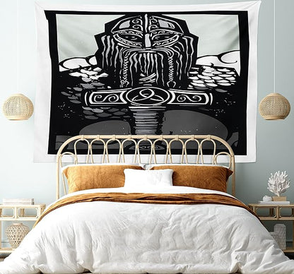 Lunarable Viking Tapestry King Size, Thor Son of Odin Monochrome Design Guardian of Asgard Scandinavian Culture, Wall Hanging Bedspread Bed Cover Wall Decor, King Size, Black White