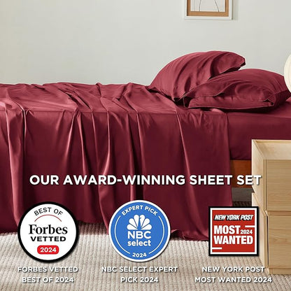 Bedsure Queen Sheet Set, Rayon Derived from Bamboo, Cooling Sheets, Breathable & Soft, Deep Pocket Up to 16 Inches, Hotel Luxury Silky Bedding for Hot Sleepers, Burgundy