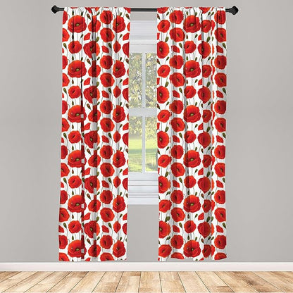 Ambesonne Poppy Flower Window Curtains, Springs Ladybugs Animals and Plants Flora Fauna Nature, Lightweight Decor 2-Panel Set with Rod Pocket, Pair of - 28" x 63", Burnt Orange Olive Green