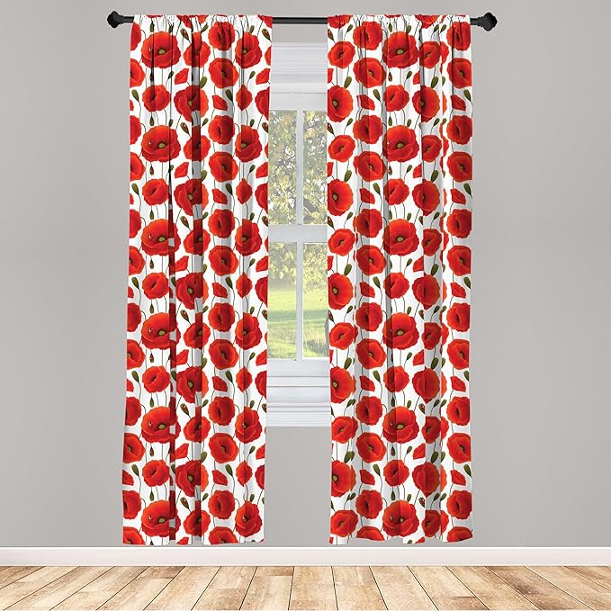 Ambesonne Poppy Flower Window Curtains, Springs Ladybugs Animals and Plants Flora Fauna Nature, Lightweight Decor 2-Panel Set with Rod Pocket, Pair of - 28" x 84", Burnt Orange Olive Green