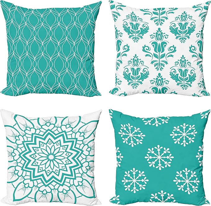 Ambesonne Retro Throw Pillow Cushion Case Pack of 4, Trellis Grid Medieval Floral Damask Mandala Flower Ornament in Modern Monochrome, Modern Accent Double-Sided Digital Printing, 24", Dark Seafoam
