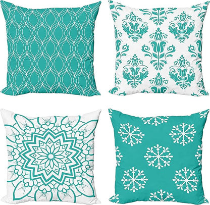 Ambesonne Retro Throw Pillow Cushion Case Pack of 4, Trellis Grid Medieval Floral Damask Mandala Flower Ornament in Modern Monochrome, Modern Accent Double-Sided Digital Printing, 24", Dark Seafoam
