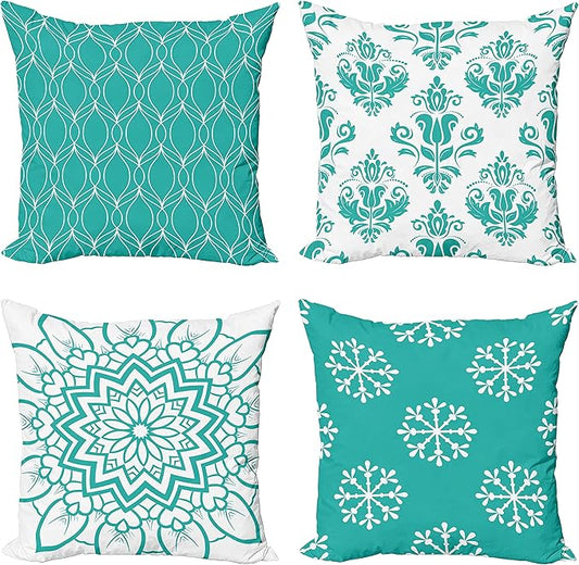 Ambesonne Retro Throw Pillow Cushion Case Pack of 4, Trellis Grid Medieval Floral Damask Mandala Flower Ornament in Modern Monochrome, Modern Accent Double-Sided Digital Printing, 24", Dark Seafoam