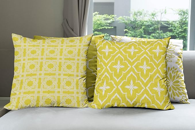 Ambesonne Vintage Throw Pillow Cushion Case Pack of 4, Monochrome Design Grid Trellis Quatrefoil Mesh and Dahlia Flowers Modern Print, Modern Accent Double-Sided Digital Printing, 20", Yellow White
