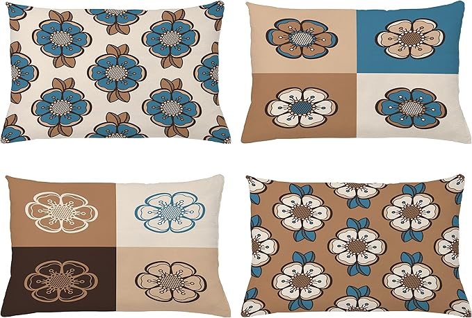 Ambesonne Retro Throw Pillow Cushion Case Pack of 4, Nostalgic Flower Petals Spring Vibes on Earthy Colors Mosaic Tile Themed, Modern Accent Double-Sided Printing, 20" x 12", Sea Blue Umber and Tan