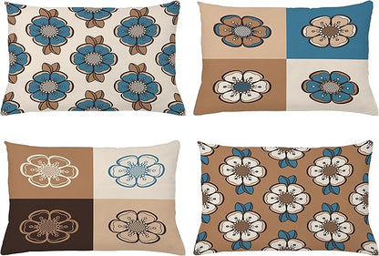 Ambesonne Retro Throw Pillow Cushion Case Pack of 4, Nostalgic Flower Petals Spring Vibes on Earthy Colors Mosaic Tile Themed, Modern Accent Double-Sided Printing, 20" x 12", Sea Blue Umber and Tan