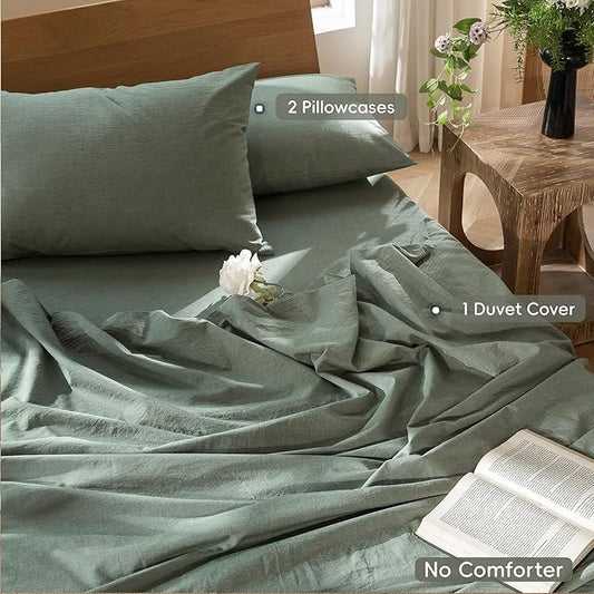MooMee Bedding Duvet Cover Set 100% Washed Cotton Linen Like Textured Breathable Durable Soft Comfy (Heathered Green, Oversized Queen 98"x98")