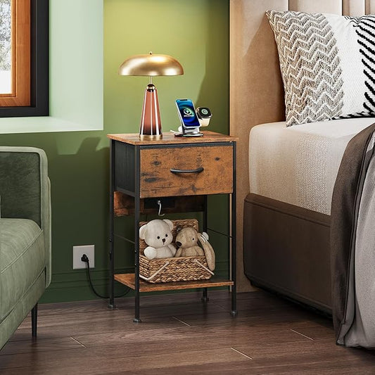 WLIVE Night Stand with Charging Station, Small Nightstand with Fabric Drawer and Open Shelf, 25" H Bedside Table for Bedroom, 2-Tier Storage End Tables, Dresser for Dorm, Entryway, Rustic Brown