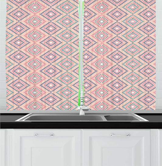 Lunarable Aztec Kitchen Curtains, Warm Pastel Colored Modern Traditional Folkloric Ethnic Rhombus Squares, Window Drapes 2 Panel Set for Kitchen Cafe Decor, 55" x 24", Blush Indigo Pale Teal