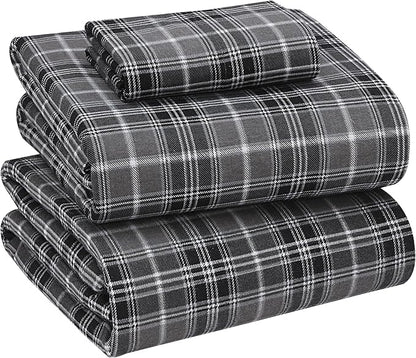 RUVANTI Flannel Sheets Twin Size - 100% Cotton Double Brushed Twin Sheets Set, Deep Pockets 16 Inches, All Seasons Breathable & Extra Soft Bed Sheets, Warm & Cozy, 3 Piece, Grey Plaid