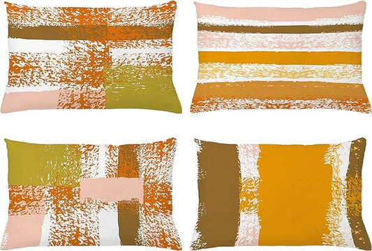 Ambesonne Grunge Throw Pillow CushiCase Pack 4, Abstract Design Simplistic Minimal Stripes Brushstrokes Contemporary Print, Modern Accent Double-Sided Digital Printing, 20" x 12", Orange Rose and Fawn