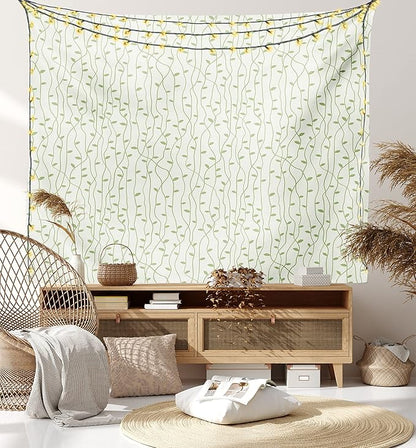 Lunarable Green and Beige Tapestry Twin Size, Green Leaves on Skinny Tangled Sprigs Fresh Nature Theme Foliage, Wall Hanging Bedspread Bed Cover Wall Decor, Twin Size, Pistachio Green