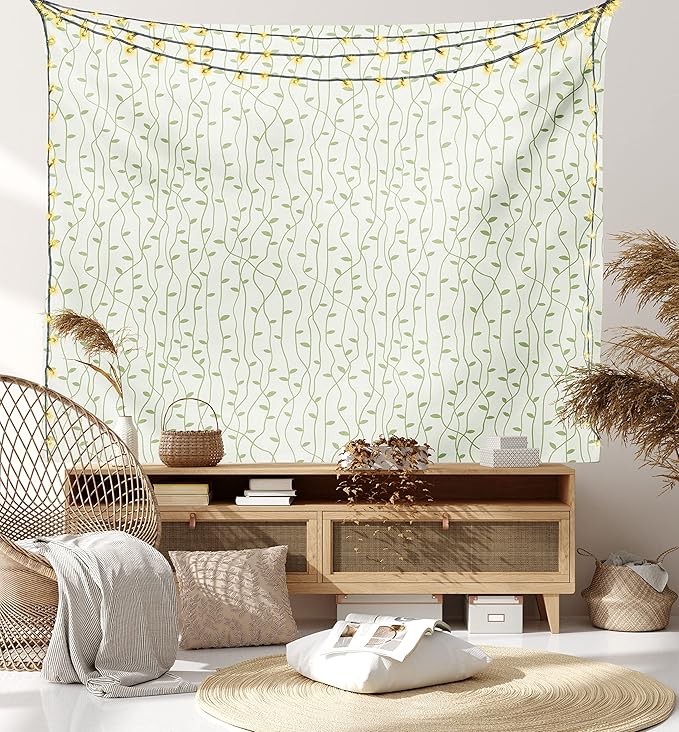 Lunarable Green and Beige Tapestry Queen Size, Green Leaves on Skinny Tangled Sprigs Fresh Nature Theme Foliage, Wall Hanging Bedspread Bed Cover Wall Decor, Queen Size, Pistachio Green