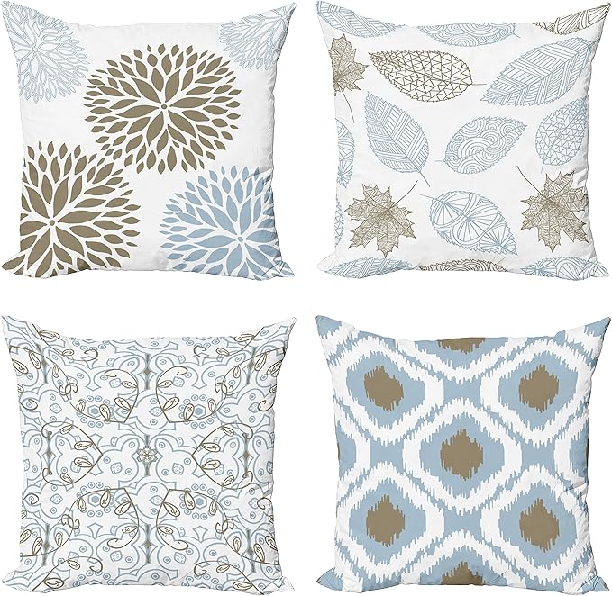 Ambesonne Vintage Throw Pillow Cushion Case Pack of 4, Bohemian Ornamental Leaves Dahlia Pattern Geometric Art Curlicue Motif, Modern Accent Double-Sided Digital Printing, 24", Blue Grey and Cocoa