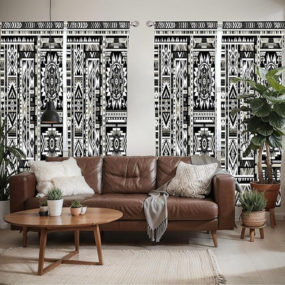 Ambesonne Southwestern Window Curtains Pack of 2, Monochrome Colors Design with Zigzags Arrows and Cultural Motifs, Lightweight Set with Rod Pocket, 4 Panels of - 28" x 84", Charcoal Grey Pale Sepia