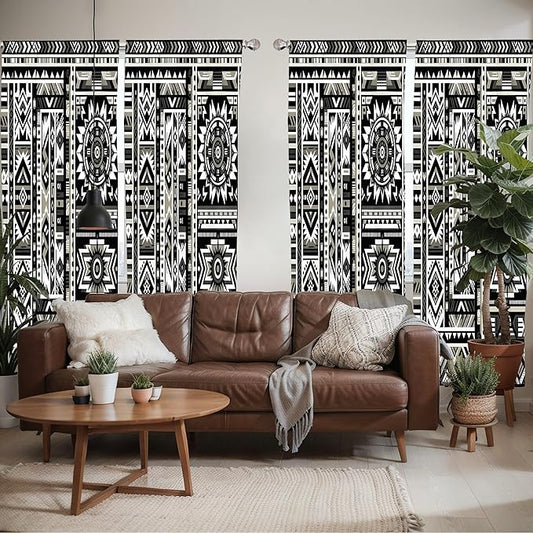 Ambesonne Southwestern Window Curtains Pack of 2, Monochrome Colors Design with Zigzags Arrows and Cultural Motifs, Lightweight Set with Rod Pocket, 4 Panels of - 28" x 95", Charcoal Grey Pale Sepia