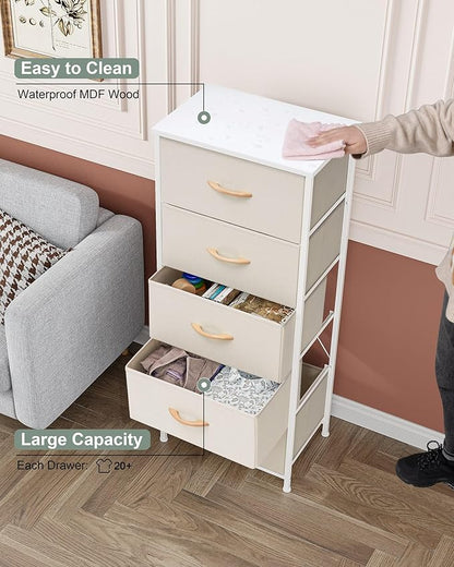 Crestlive Products Vertical Dresser Storage Tower - Sturdy Steel Frame, Wood Top, Easy Pull Fabric Bins - Organizer Unit for Bedroom, Hallway, Entryway, Closets - 5 Drawers(Beige)
