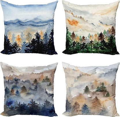 Ambesonne Forest Throw Pillow Cushion Case Pack of 4, Watercolor Painting of Nature Landscape Hazy Mountains and Pine Trees, Modern Accent Double-Sided Digital Printing, 18", Blue Emerald and Cocoa