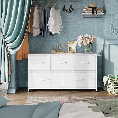 WLIVE Dresser for Bedroom with 5 Drawers, Wide Chest of Drawers, Fabric Dresser, Storage Organization Unit with Fabric Bins for Closet, Living Room, Hallway, White