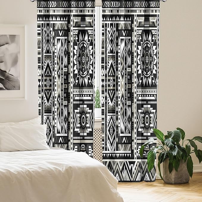 Ambesonne Southwestern Window Curtains Pack of 2, Monochrome Colors Design with Zigzags Arrows and Cultural Motifs, Lightweight Set with Rod Pocket, 4 Panels of - 28" x 63", Charcoal Grey Pale Sepia
