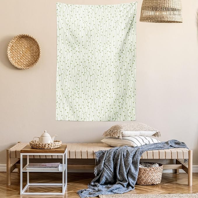 Lunarable Green and Beige Tapestry Twin Size, Green Leaves on Skinny Tangled Sprigs Fresh Nature Theme Foliage, Wall Hanging Bedspread Bed Cover Wall Decor, Twin Size, Pistachio Green