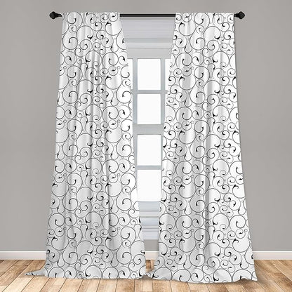 Ambesonne Black and White Window Curtains Pack of 2, Vintage Swirls Pattern with Monochrome Ornamental Old-Fashioned Design, Lightweight Set with Rod Pocket, 4 Panels of - 28" x 95", Black White