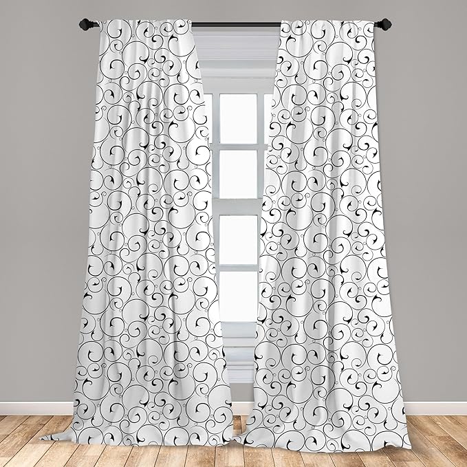 Ambesonne Black and White Curtains, Vintage Swirls Pattern with Monochrome Ornamental Old-Fashioned Design, Window Treatments 2 Panel Set for Living Room Bedroom, Pair of - 28" x 63", Black White