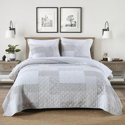 Secgo Queen Comforter Set for Bed - 100% Cotton Quilts Queen Size, Black Bedspreads (90 * 98 Inch) with 2 Pillow Shams, Patchwork Reversible Lightweight Bedding