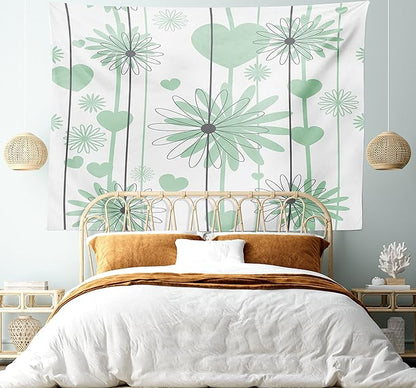 Lunarable Hearts Tapestry, Floral Abstract Striped Background Soft Color Daisies Nature Flourish, Wide Wall Hanging for Bedroom Living Room Dorm, 60" X 40", Mint Green Charcoal Grey