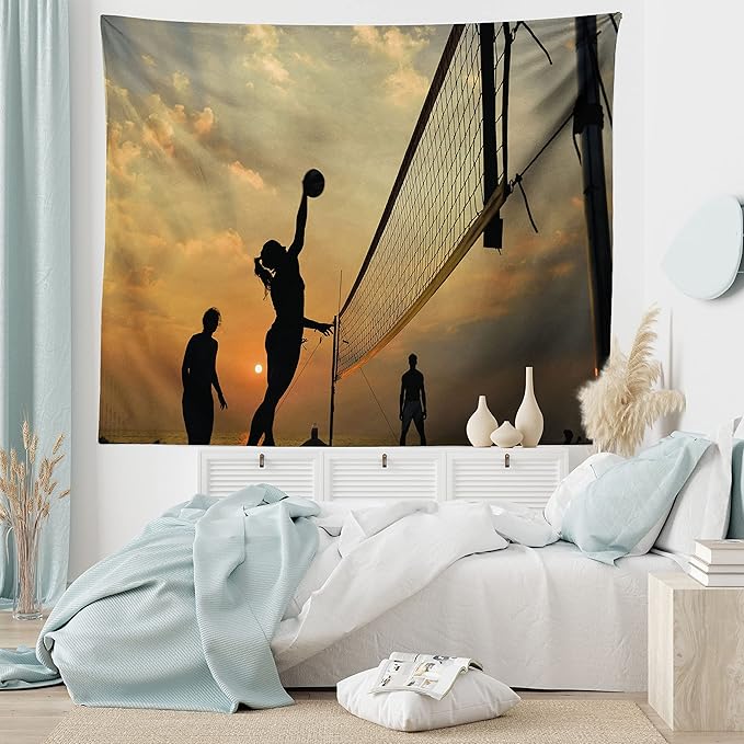Lunarable Volleyball Tapestry, Beach Sports at Sunset Open Sky Net and Ball Activity Excitement Fun and Games, Wide Wall Hanging for Bedroom Living Room Dorm, 60" X 40", Black