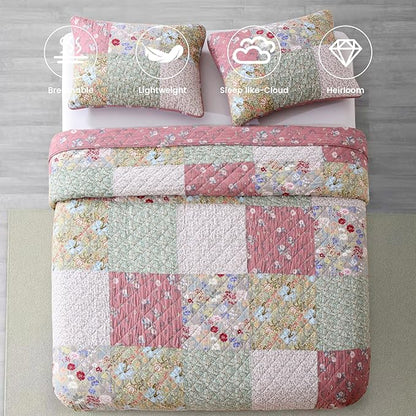 Secgo King Size Comforter Set- 100% Cotton Quilt King Size Set, Green, Sage bedspreads (96 * 108 Inch) with 2 Pillow Shams, Patchwork Reversible Lightweight Bedding