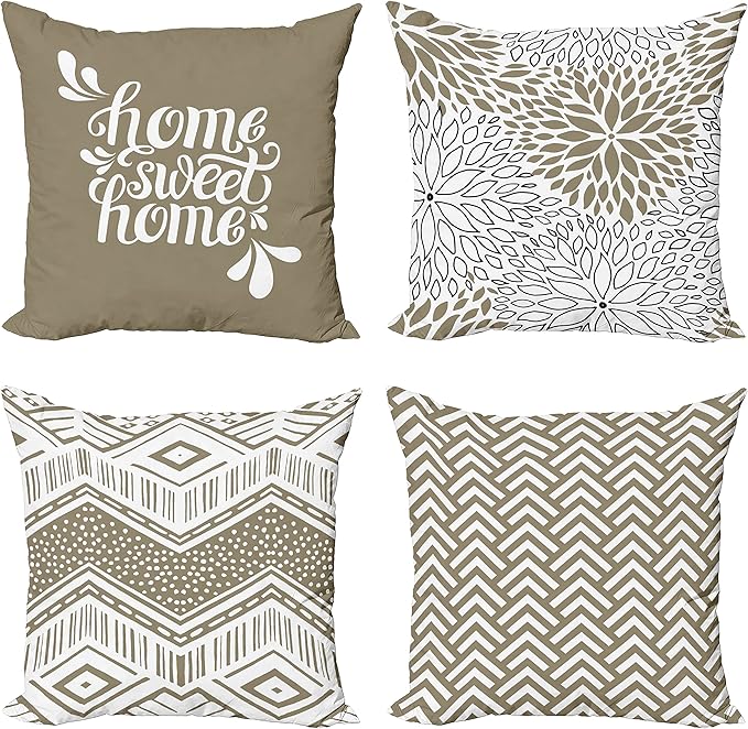 Ambesonne Geometric Throw Pillow Cushion Case Pack of 4, Home Phrase Minimal Zigzag Squama Dahlia Flowers Chevron Tribal, Modern Accent Double-Sided Digital Printing, 24", Cocoa White Charcoal Grey