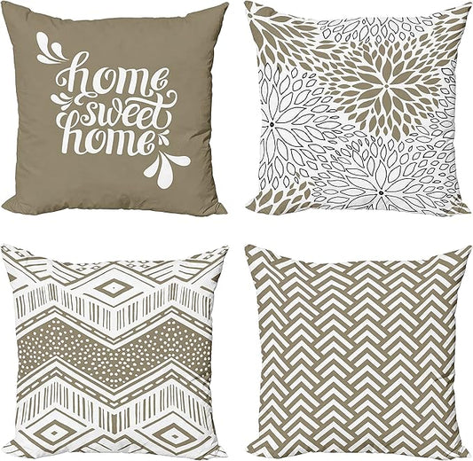 Ambesonne Geometric Throw Pillow Cushion Case Pack of 4, Home Phrase Minimal Zigzag Squama Dahlia Flowers Chevron Tribal, Modern Accent Double-Sided Digital Printing, 16", Cocoa White Charcoal Grey