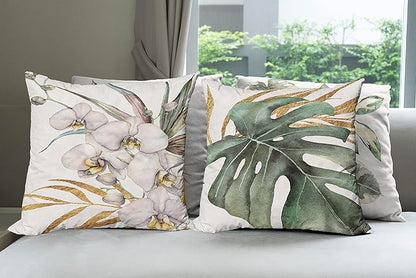 Ambesonne Vintage Tropical Throw Pillow Cushion Case Pack of 4, Retro Botanical Summer Vibes Monstera Leaf Orchid Flowers, Modern Accent Double-Sided Digital Printing, 16", Laurel Green Ginger Blush