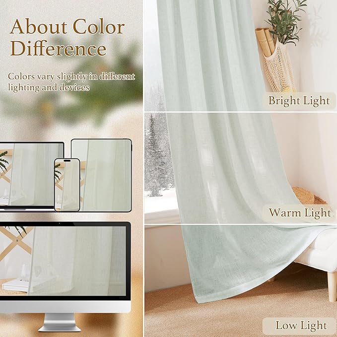 RYB HOME Linen Blend Curtains, Semi Translucent Privacy Protection Light Filtering Decorative Window Drapes for Living Room Bedroom Laundry Room, W 70 x L 95 inches, Sage Green, 2 Panels