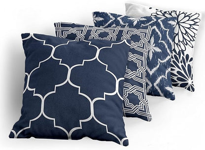 Ambesonne Vintage Throw Pillow Cushion Case Pack of 4, Quatrefoil Mesh Medieval Lattice Ornaments Ethnic Motive and Dahlia Flowers, Modern Accent Double-Sided Digital Printing, 18", Night Blue White