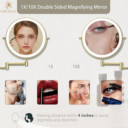Rechargeable Wall Mounted Lighted Makeup Vanity Mirror 9 Inch Double Sided 1X 10X Magnifying Bathroom Mirror, 3 Color Lighting, Touch Screen Dimming, 360 Rotation Shaving Mirror Gold