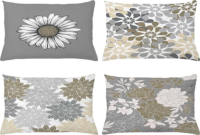 Ambesonne Floral Throw Pillow CushiCase Pack 4, Flower Petals Modern Color Palette Chamomile Peony Dahlia Sunflower Print, Modern Accent Double-Sided Digital Printing, 20" x 12", Slate Brown Grey