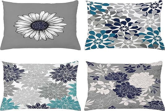 Ambesonne Floral Throw Pillow Cushion Case Pack of 4, Flower Petals Modern Color Palette Cold Tones Chamomile Peony Dahlia Sunflower, Modern Accent Double-Sided Printing, 20" x 12", Grey Navy Blue