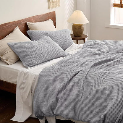 Bedsure Cotton Duvet Cover Queen - 100% Cotton Waffle Weave Grey Duvet Cover Queen Size, GentleSoft™ and Breathable Bedding Set for All Season, 3 Pieces, 90"x90"