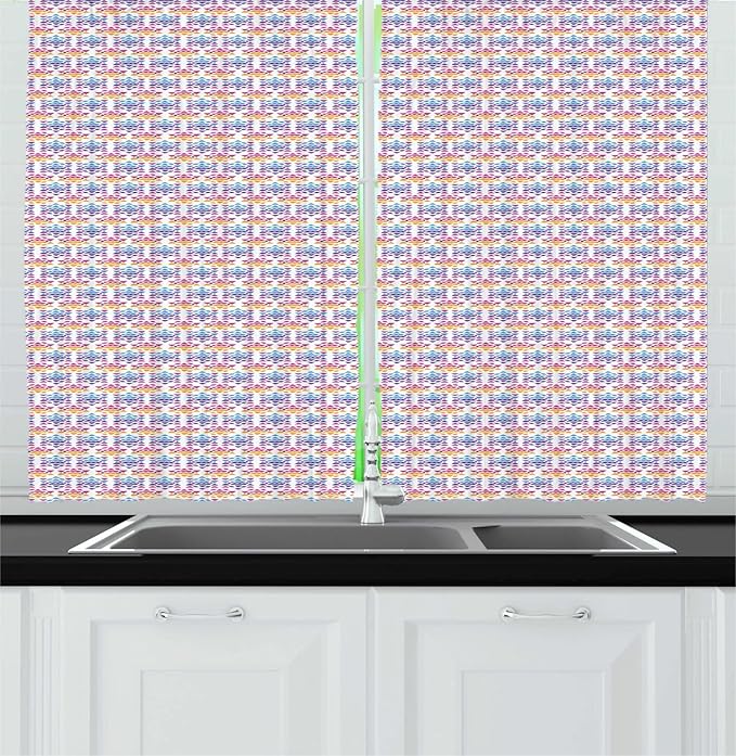 Lunarable Abstract Hippie Long Kitchen Curtains, Rhythmic Colorful Triangles Pattern, 2 Panel Set Drapes with Rod Pocket Room Decor, 55" x 45", Deep Sky Blue Blue Violet Earth Yellow and Fuchsia