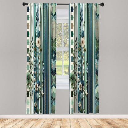 Ambesonne Bohemian Window Curtains Pack of 2, Hexagons Floral Botany Art in Cold Colors Ocean and Nature Tones, Lightweight Set with Rod Pocket, 4 Panels of - 28" x 95", Teal Green and Sea Blue