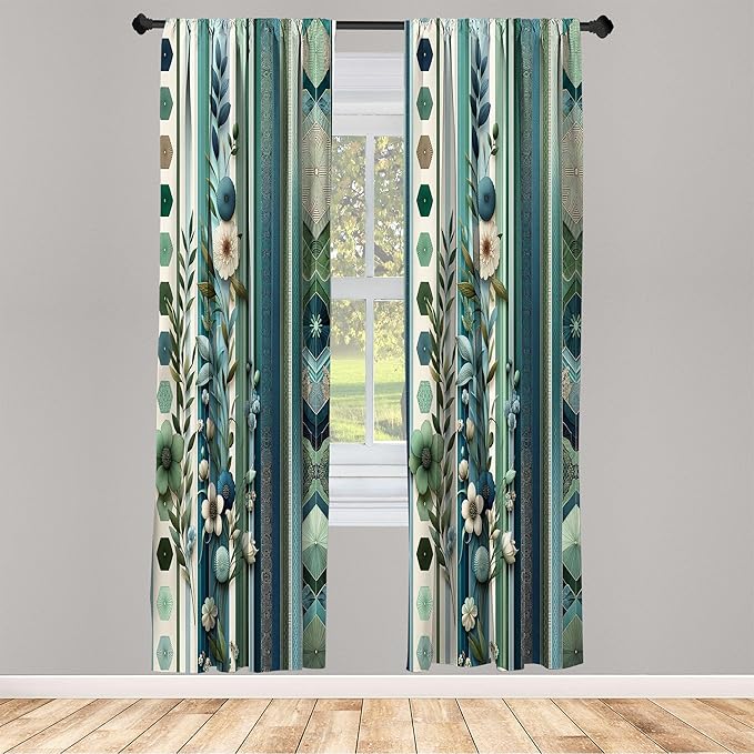 Ambesonne Bohemian Window Curtains Pack of 2, Hexagons Floral Botany Art in Cold Colors Ocean and Nature Tones, Lightweight Set with Rod Pocket, 4 Panels of - 28" x 63", Teal Green and Sea Blue