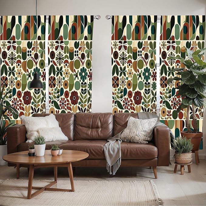 Ambesonne Scandinavian Window Curtains Pack of 2, Abstract Geometric Art of Leaves and Flowers with Bohemian Feel, Lightweight Set with Rod Pocket, 4 Panels of - 28" x 95", Olive Green Redwood Beige