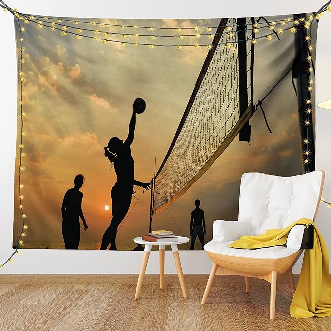 Lunarable Volleyball Tapestry, Beach Sports at Sunset Open Sky Net and Ball Activity Excitement Fun and Games, Fabric Wall Hanging Decor for Bedroom Living Room Dorm, 28" X 23", Black