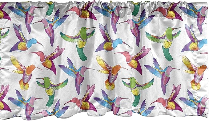 Lunarable Hummingbird Window Valance, Colorful Summer Cartoon Birds Exotic Fauna Design Colibri Pattern Illustration, Curtain Valance for Kitchen Bedroom Decor with Rod Pocket, 54" X 12", Lilac Green