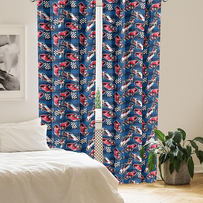 Ambesonne Cars Window Curtains Pack of 2, Vintage Racing Cars on Blue Stripes with Checkered Flags Automobile Sports, Lightweight Set with Rod Pocket, 4 Panels of - 28" x 63", Navy Blue