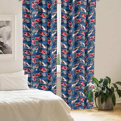 Ambesonne Cars Window Curtains, Vintage Racing Cars on Blue Stripes with Checkered Flags Automobile Sports, Lightweight Decor 2-Panel Set with Rod Pocket, Pair of - 28" x 84", Navy Blue