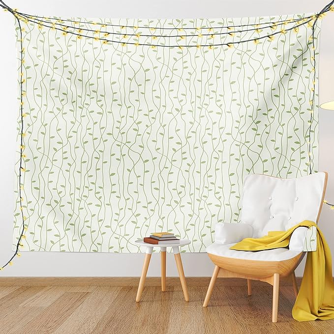 Lunarable Green and Beige Tapestry Twin Size, Green Leaves on Skinny Tangled Sprigs Fresh Nature Theme Foliage, Wall Hanging Bedspread Bed Cover Wall Decor, Twin Size, Pistachio Green